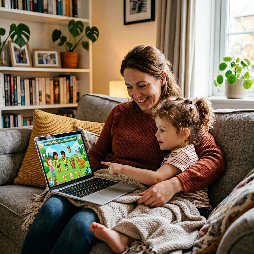 A parent and child sitting together on a couch with a laptop