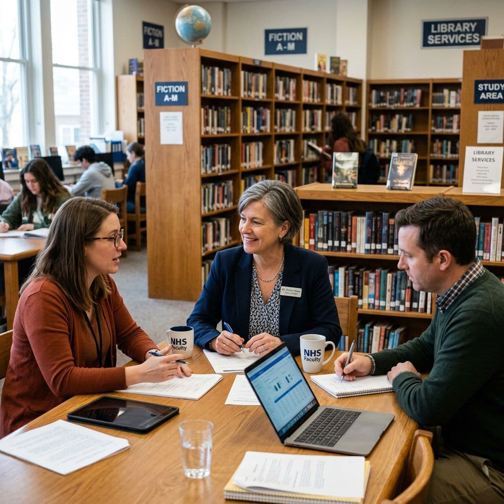 A principal meeting with staff around a library table
