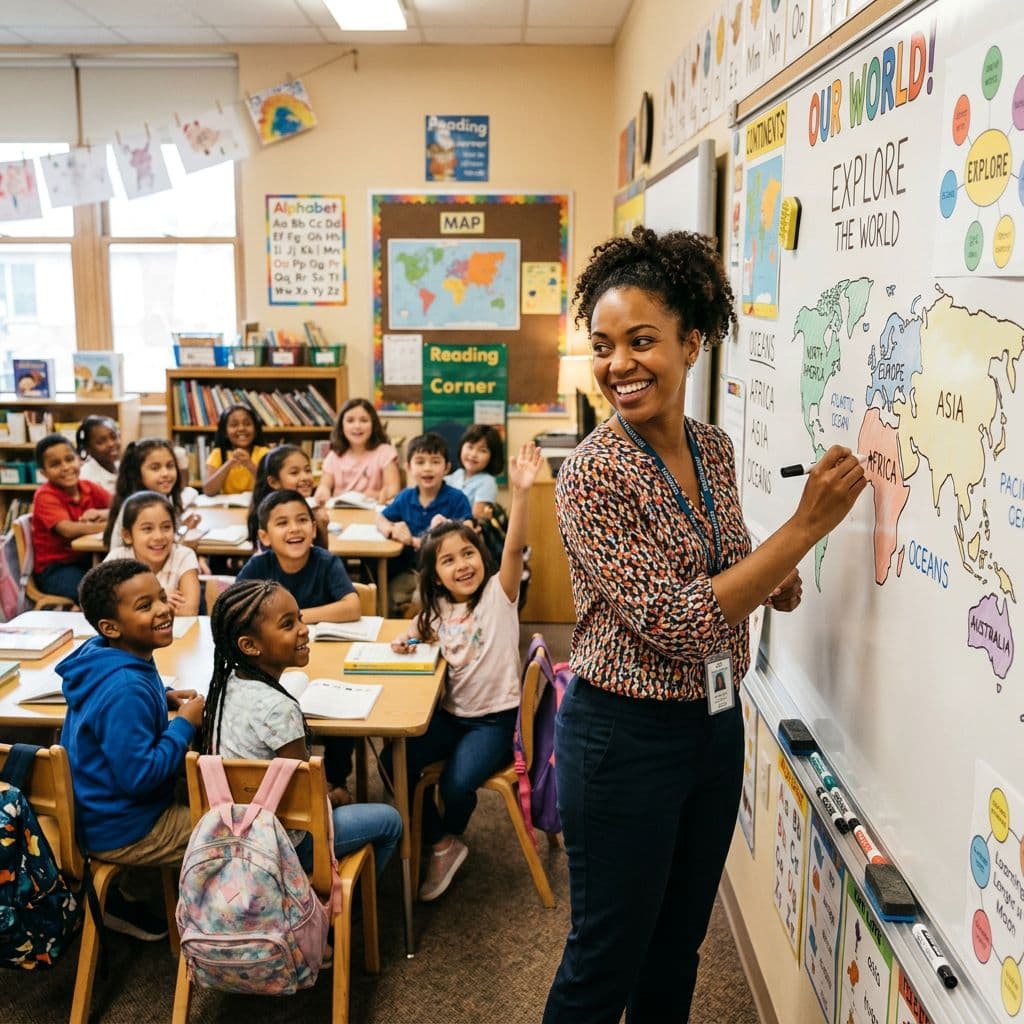 A teacher smiling at the whiteboard while her elementary class raises hands